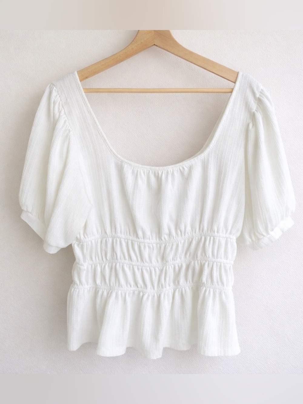 Maeve Anthropologie White Smocked Peplum Blouse L | Puff Sleeve Cottagecore Top